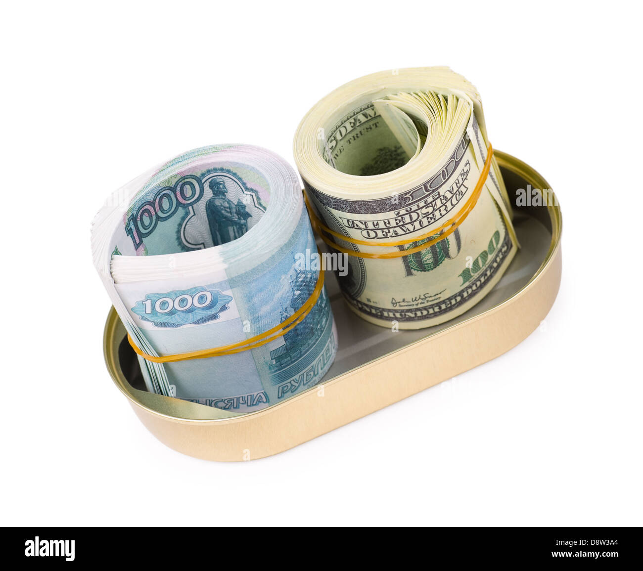 bundles of US dollars and russian rubles in can Stock Photo