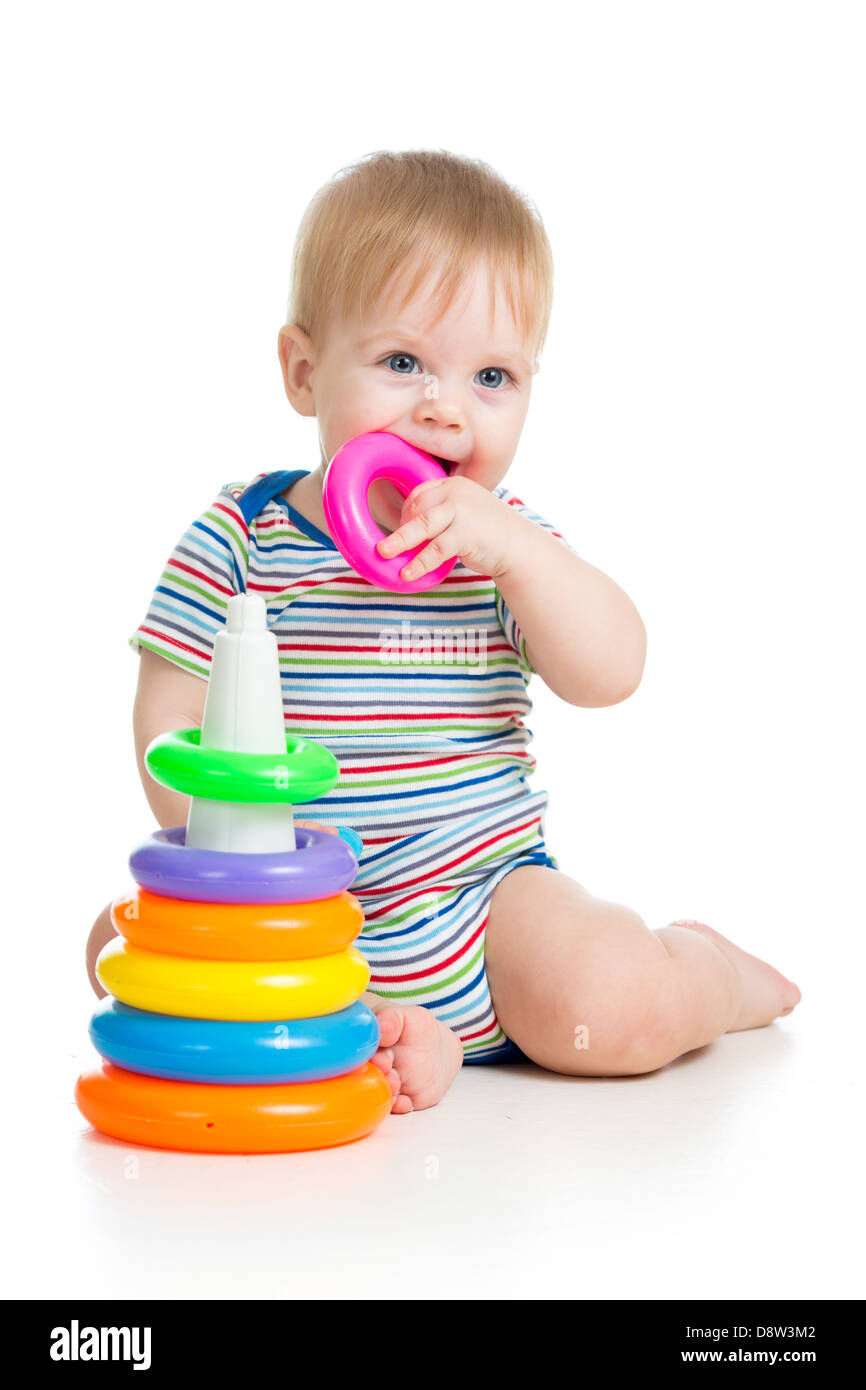 child playing with colorful toy isolated on white Stock Photo - Alamy