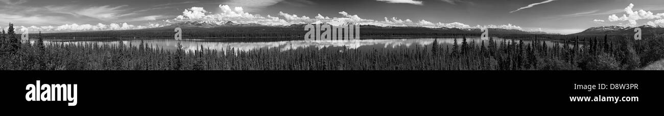 Black & white panorama view of Willow Lake, Wrangell Mountains, and Wrangell Saint Elias National Park, Alaska, USA. Stock Photo
