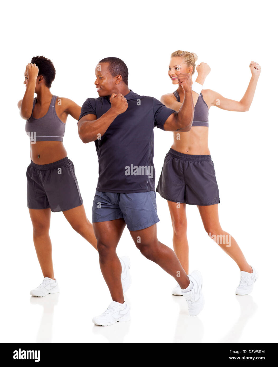group of people doing aerobics exercise over white background Stock Photo