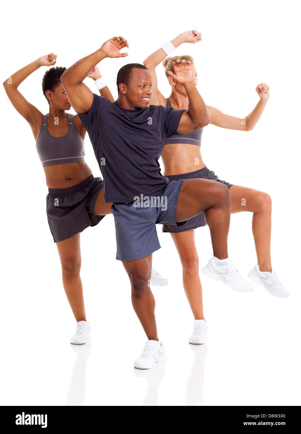 happy group doing aerobic dance, isolated on white Stock Photo