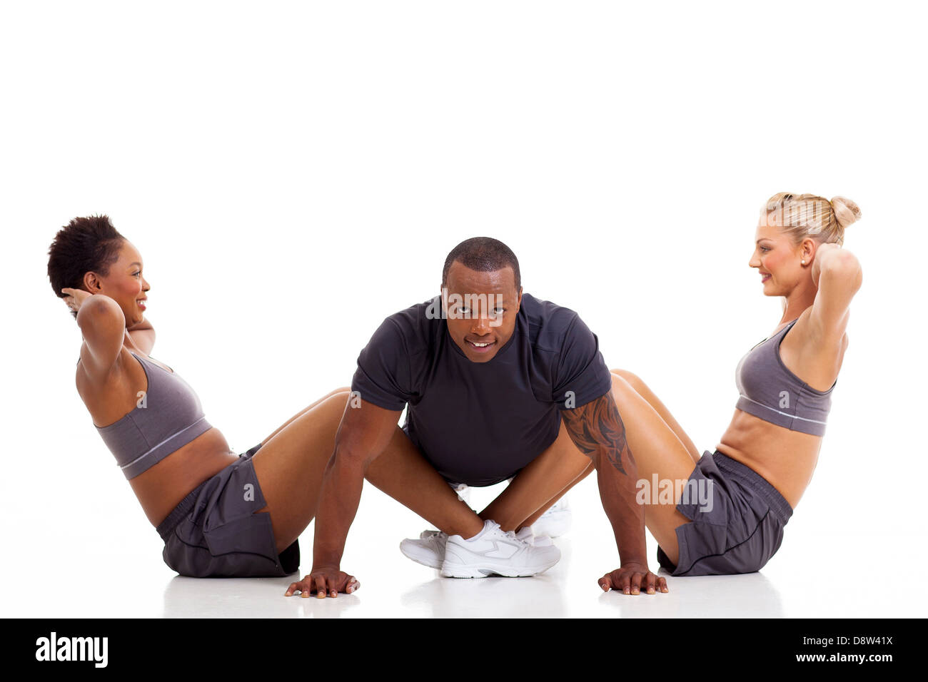 happy health group people exercising on white background Stock Photo