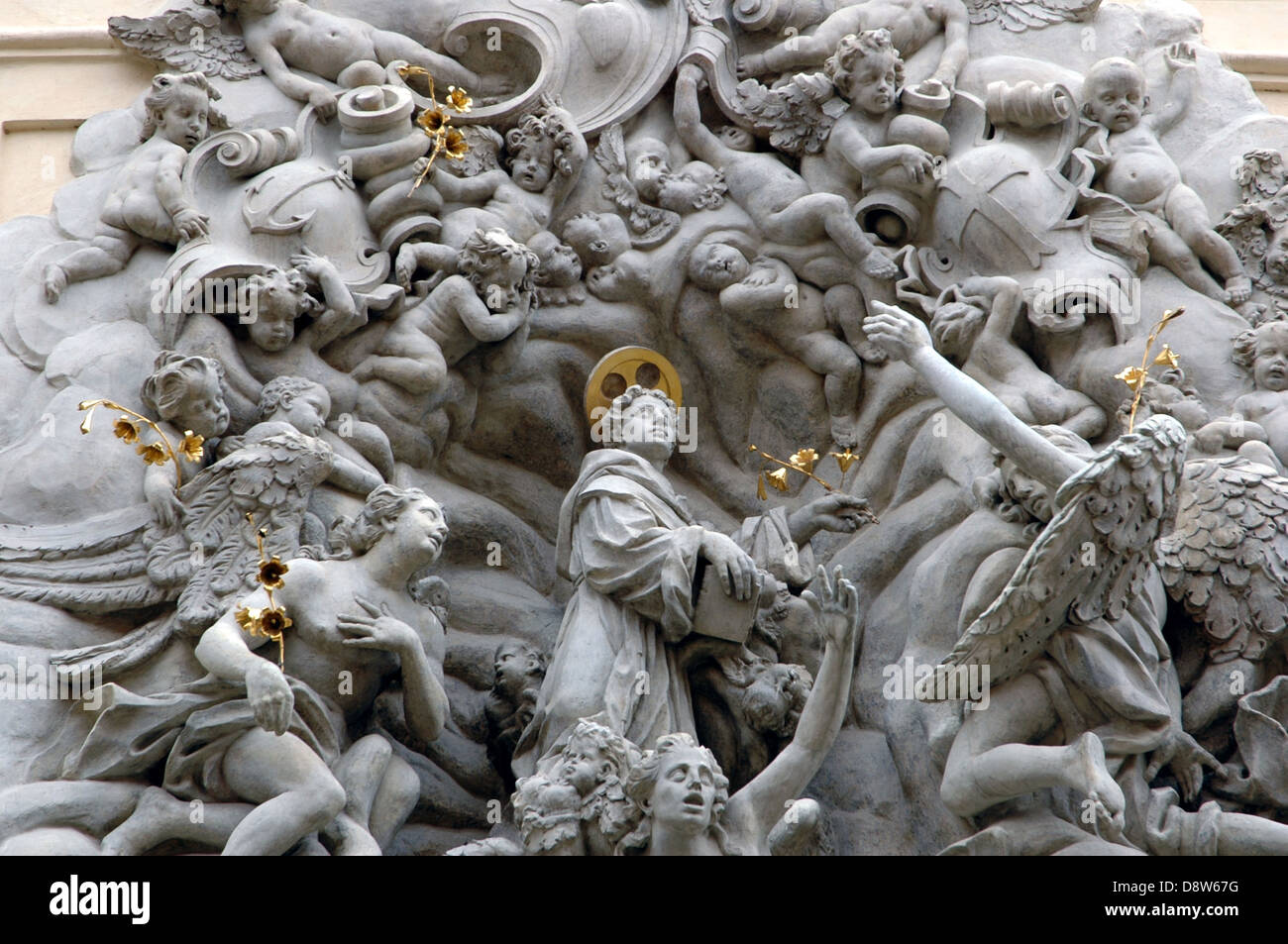 Relief sculpture on the facade of St James Church or SV Jakuba in the Old Town Prague Czech Stock Photo
