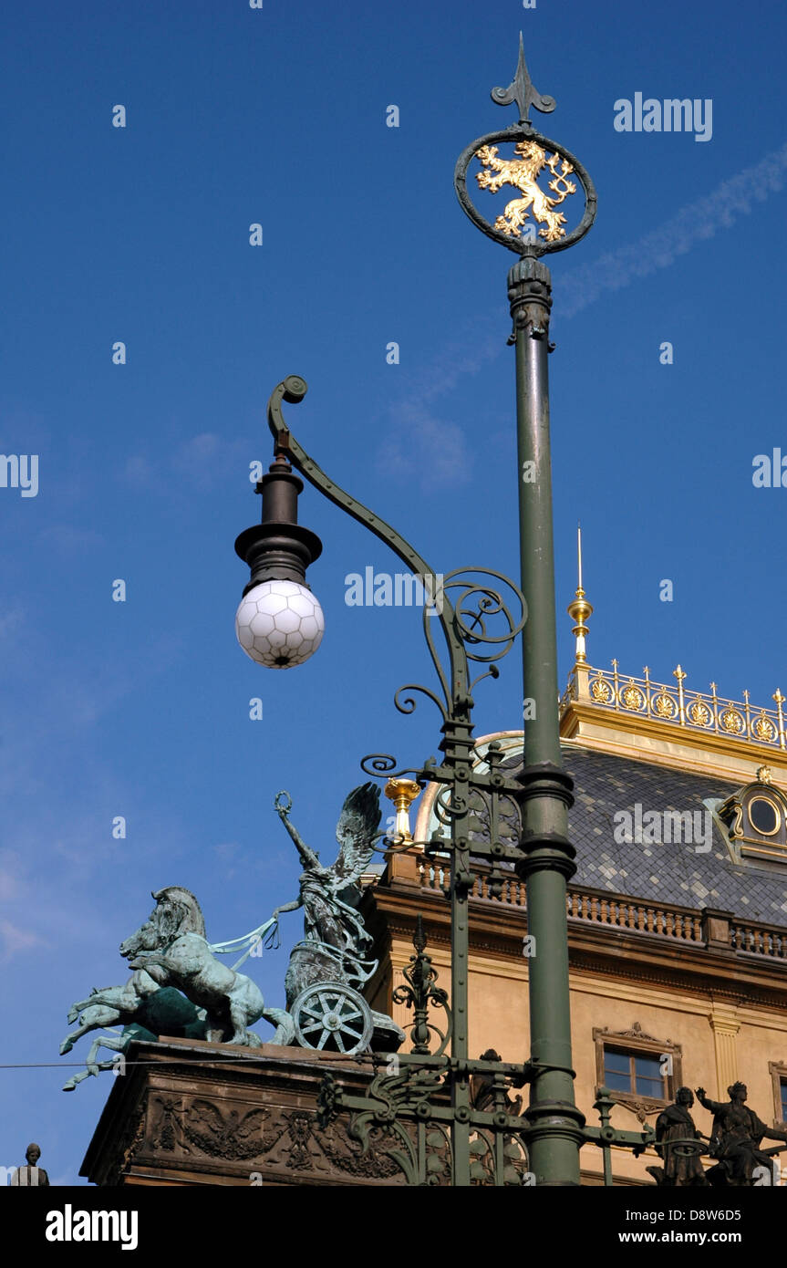 Wrought iron lamp post next to the National Theatre Narodni Divadlo in Prague Czech republic Stock Photo