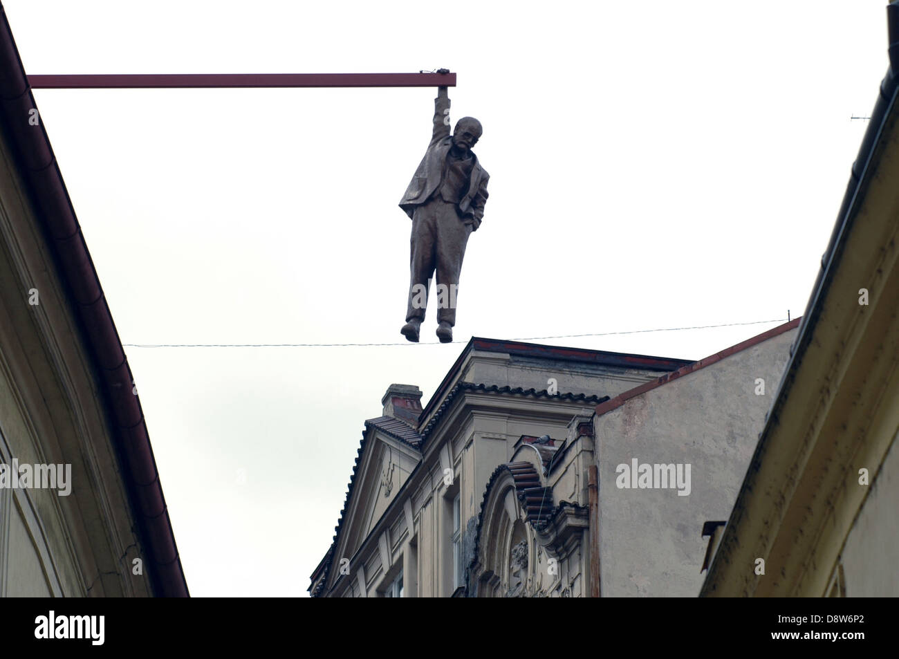 The Hanging out sculpture by David Cerny in Stare Mesto old town district of Prague Czech Republic Stock Photo