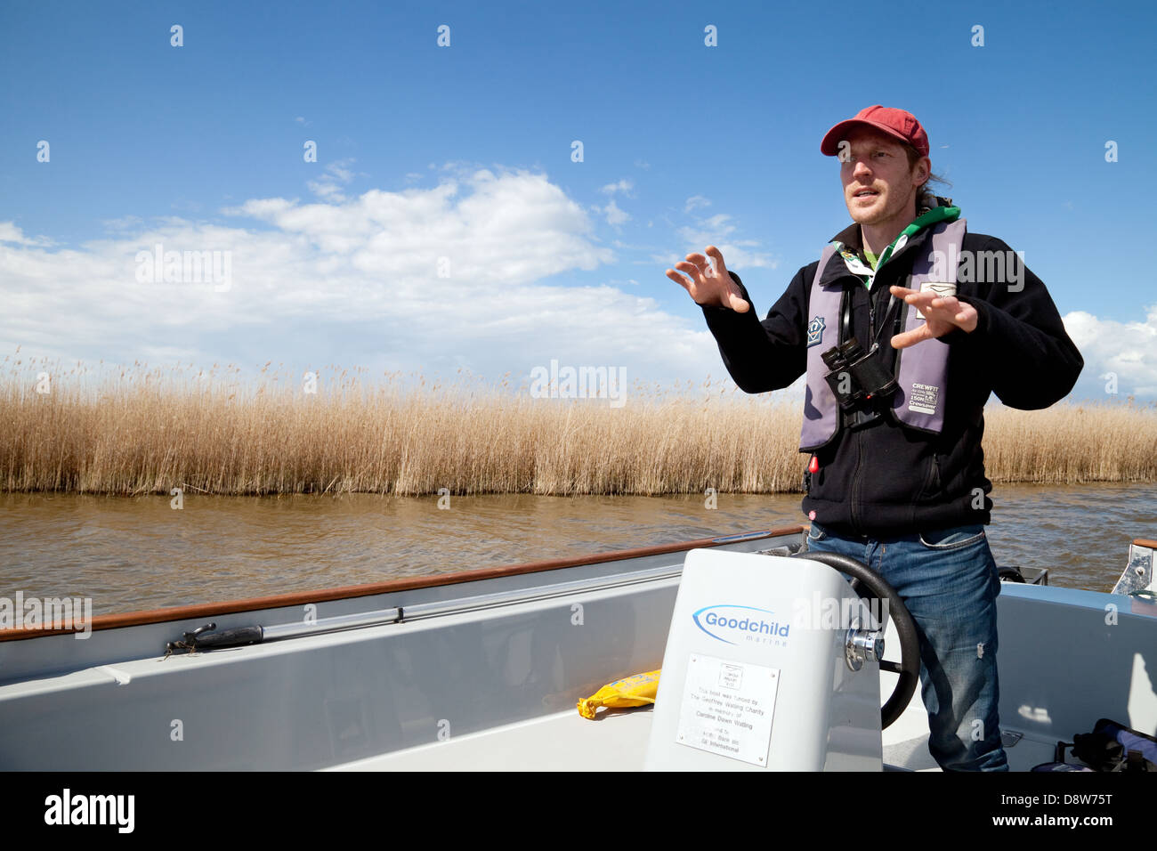 A Norfolk Wildlife Trust guide on  a nature boat trip round Hickling Broad, Norfolk Broads, UK Stock Photo