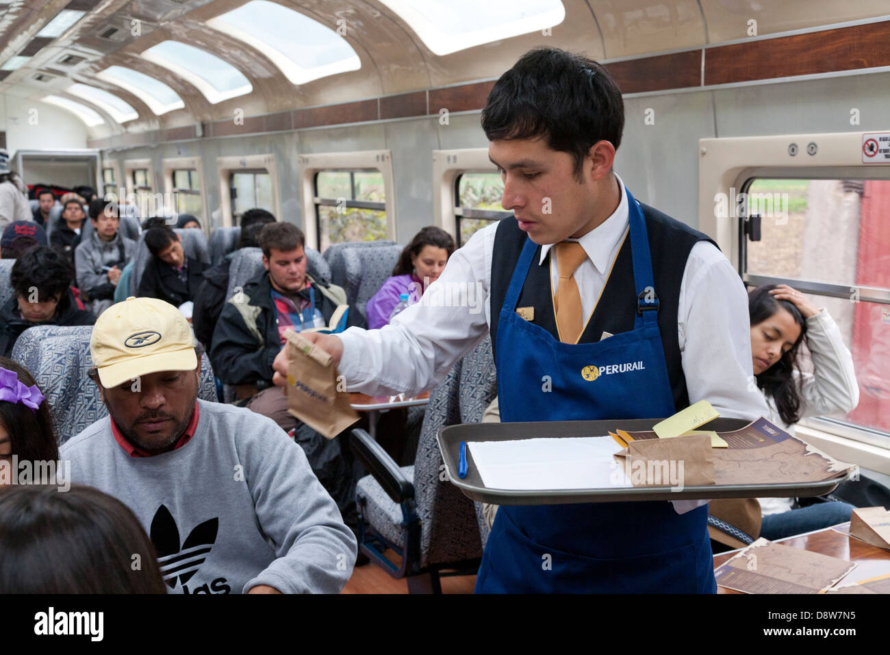 Service inside the carriage, PeruRail, Train from Ollantaytambo to Machu Picchu, Peru Stock Photo