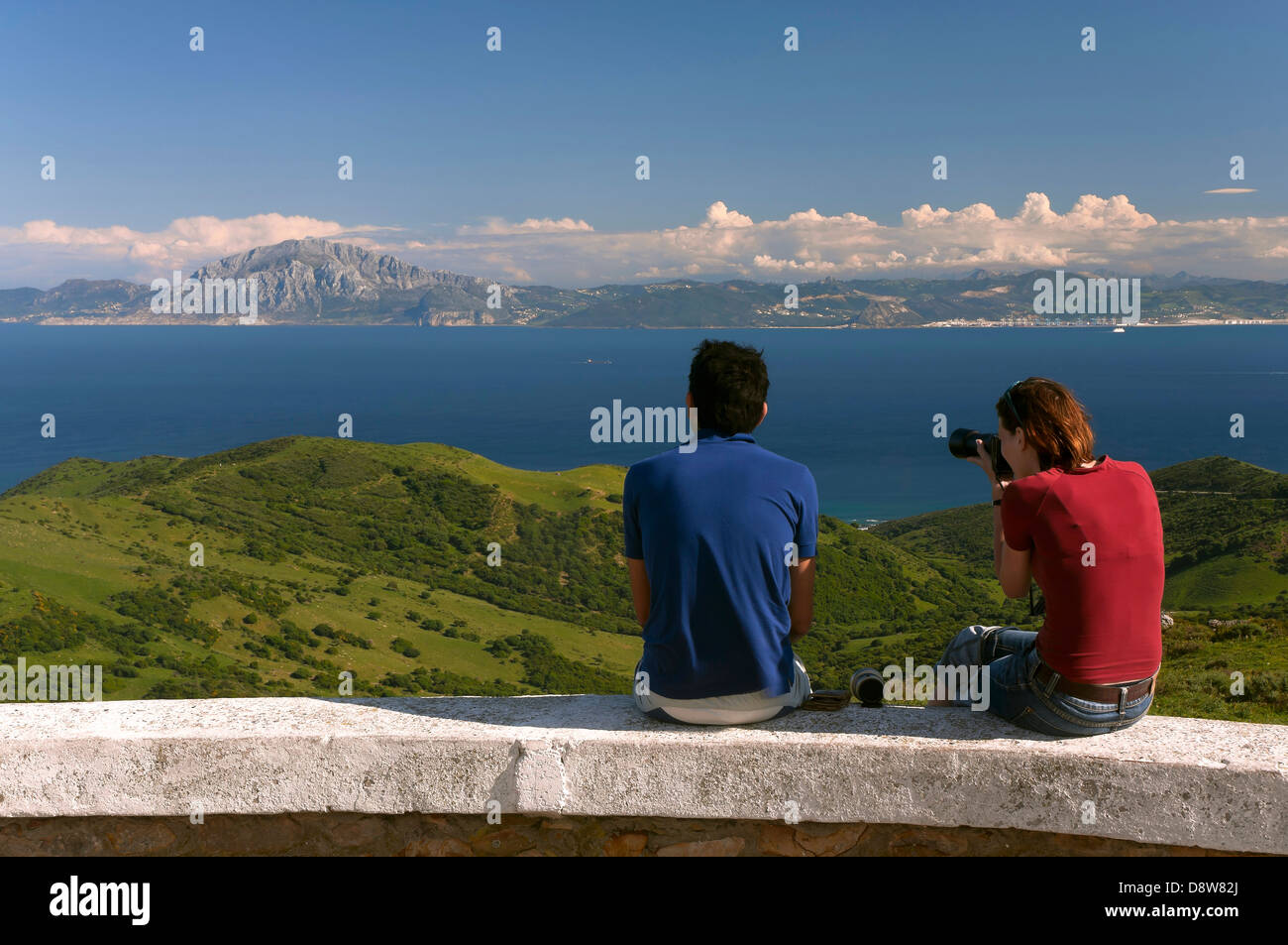 The Strait of Gibraltar and the African coast of Morocco, Tarifa, Cadiz-province, Region of Andalusia, Spain, Europe Stock Photo