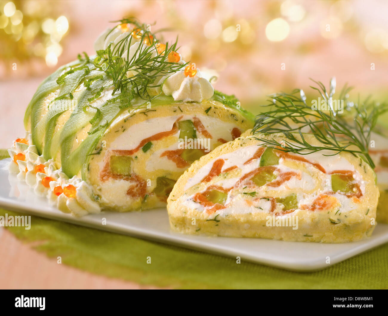Omelette,salmon and goat's cheese savoury log cake Stock Photo Alamy