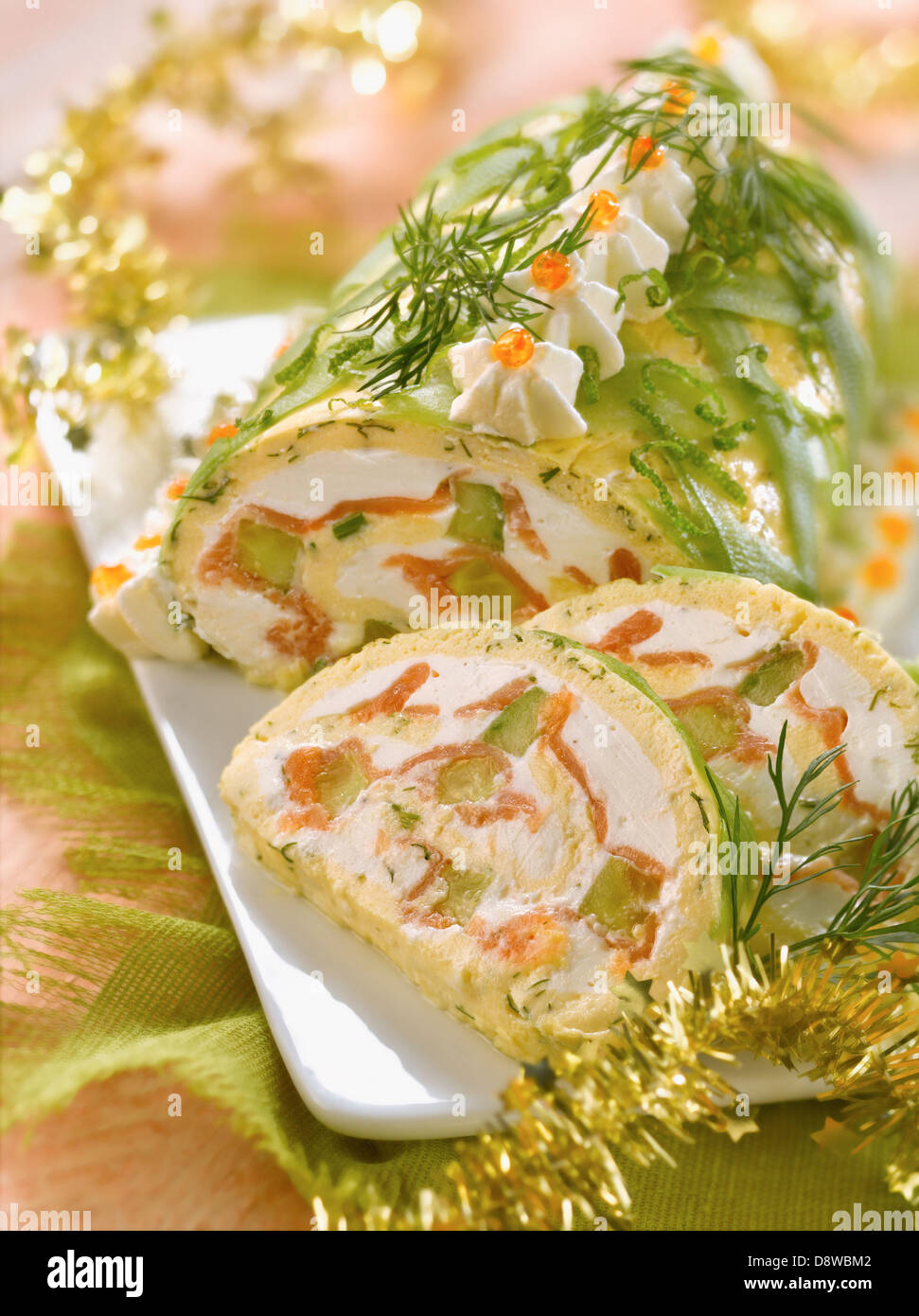 Omelette,salmon and goat's cheese savoury log cake Stock Photo Alamy
