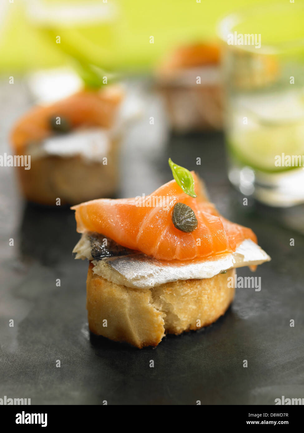 Anchovy,smoked salmon and caper crostini Stock Photo Alamy