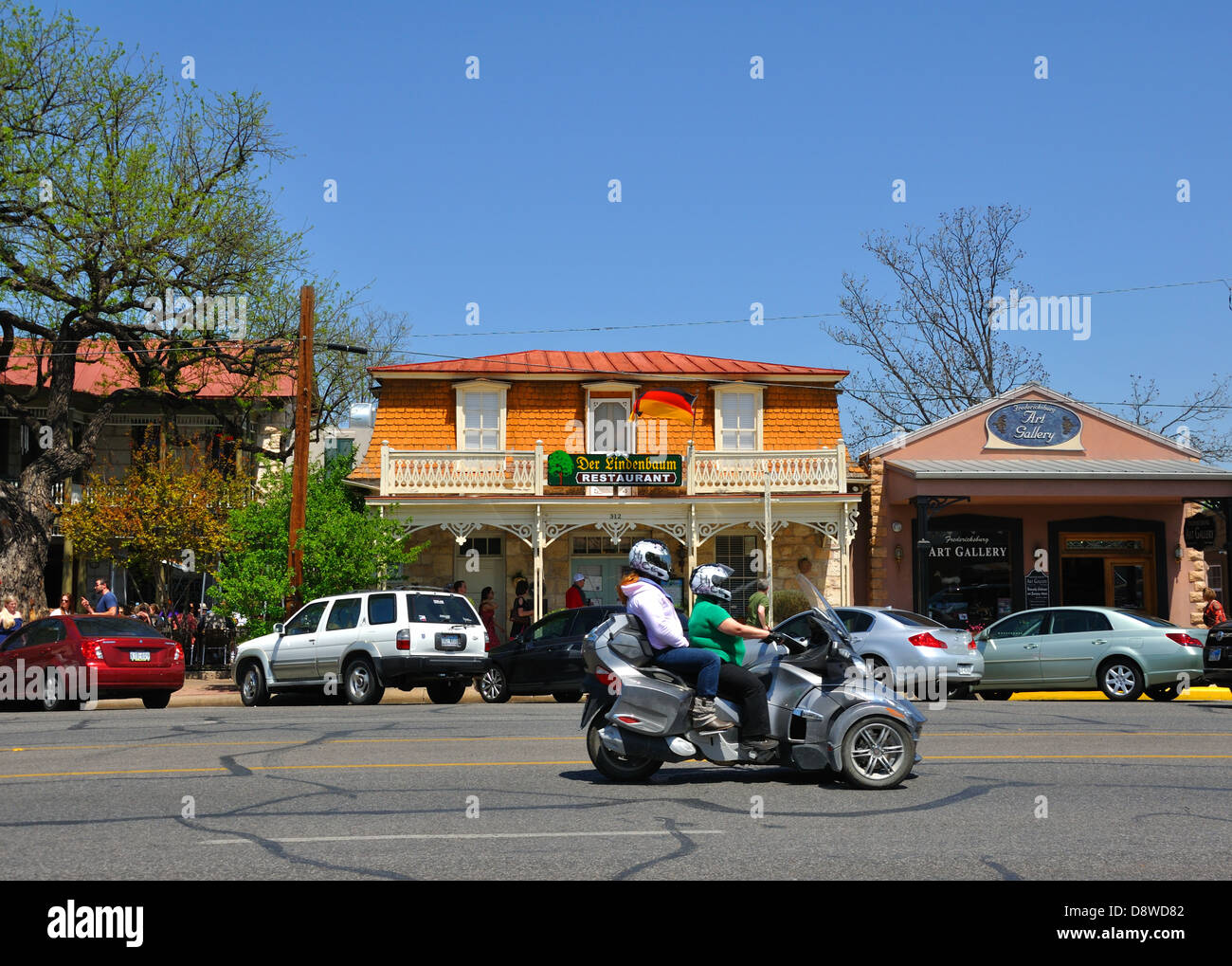 Spyder 3 wheel Can-Am Motorcycle driving through Fredericksburg, Texas, USA Stock Photo