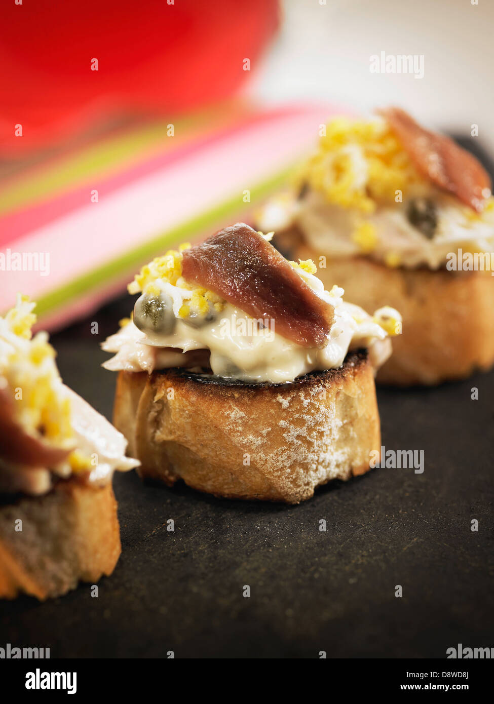 Tuna,anchovy fillet,caper,egg and mayonnaise Crostini Stock Photo Alamy
