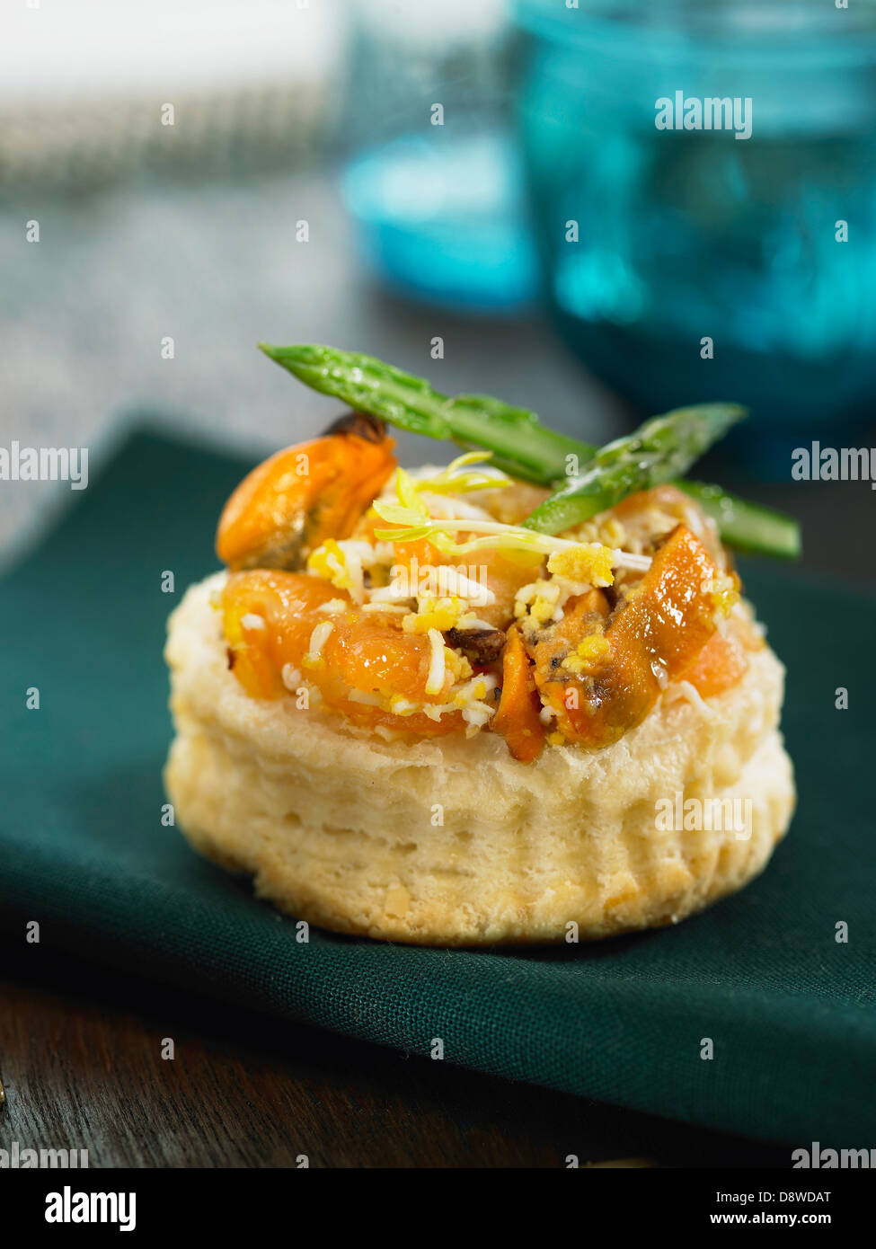 Tuna,smoked salmon ,mussel and green asparagus volauvent Stock Photo