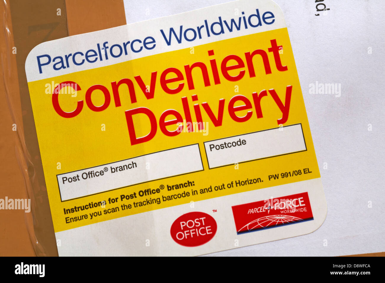 Parcelforce Worldwide Convenient Delivery sticker on parcel Stock Photo