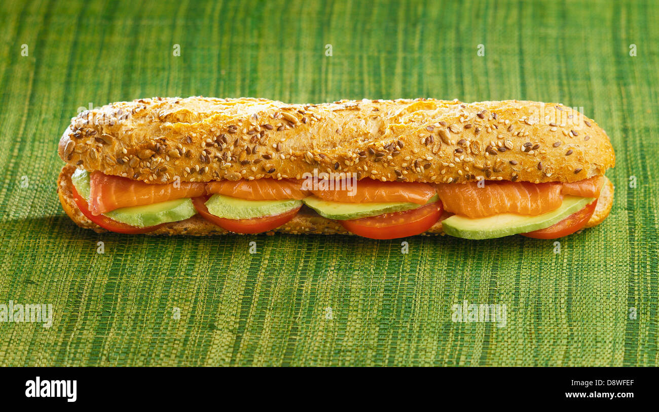 Salmon,avocado and tomato cereal bread sandwich Stock Photo