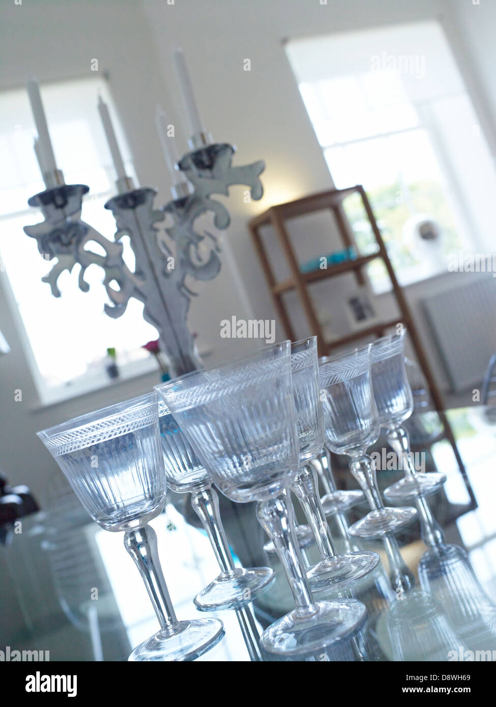 wine glasses dining room table Stock Photo