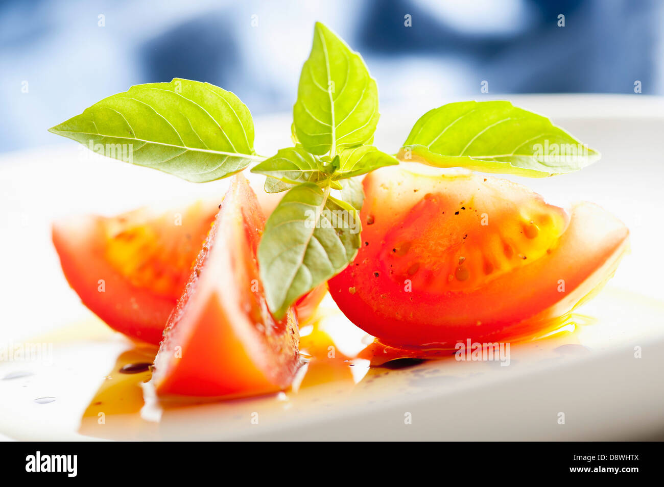 Sliced tomato with olive oil and basil Stock Photo