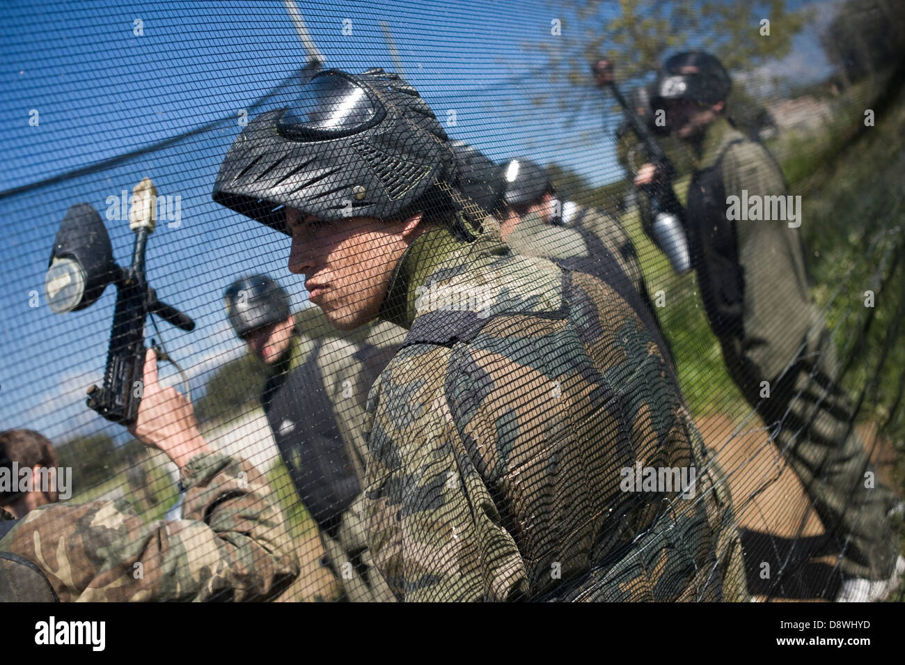 Paintball during bachelorette and bachelor parties in Madrid, Spain. Stock Photo