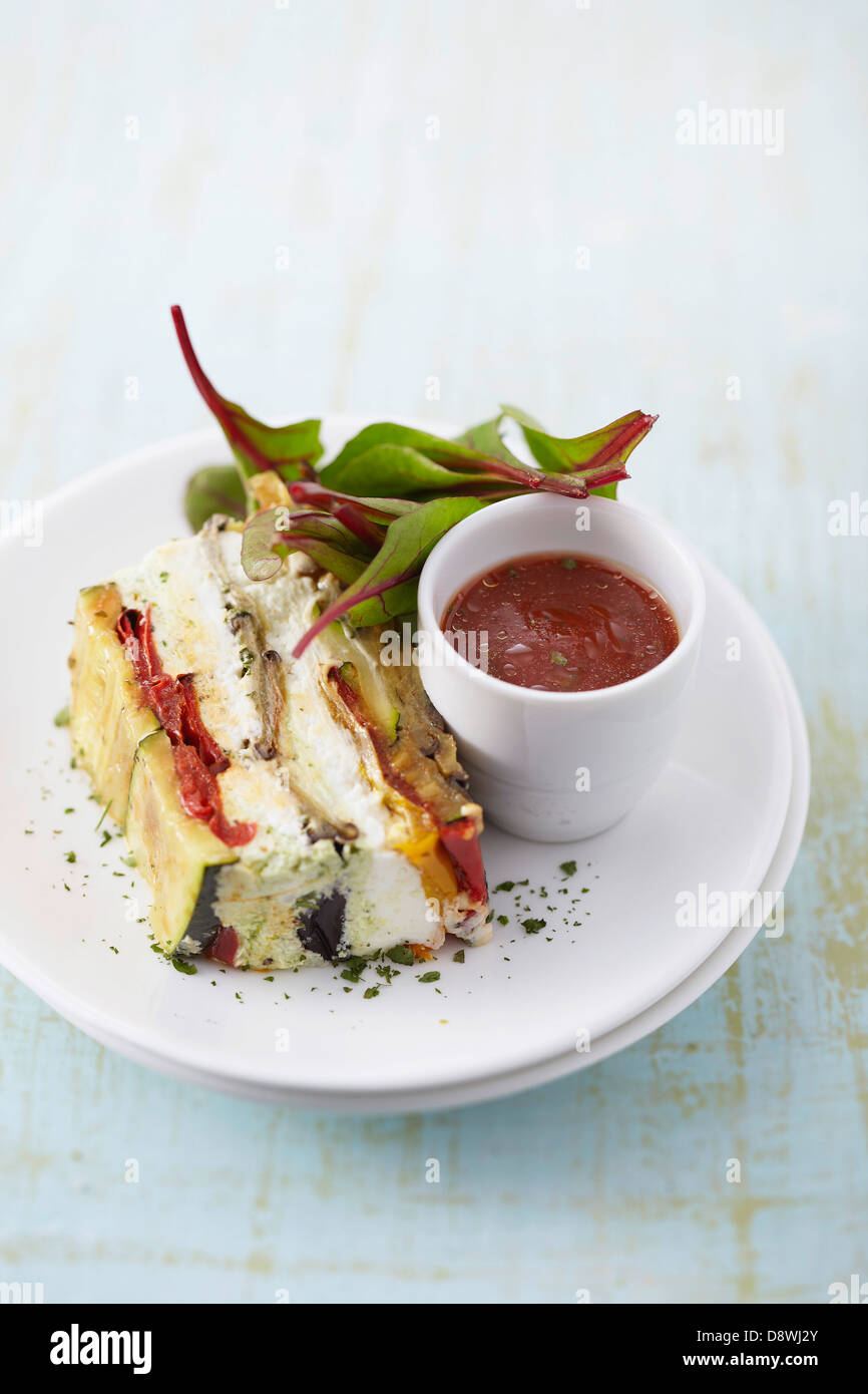 Grilled vegetables and halloumi terrine Stock Photo