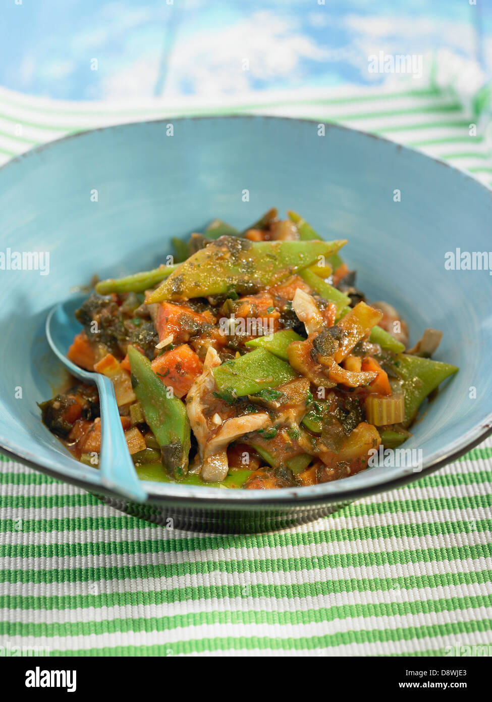 Runner beans with chopped celery,sweet potato and wakame seaweed sauce Stock Photo