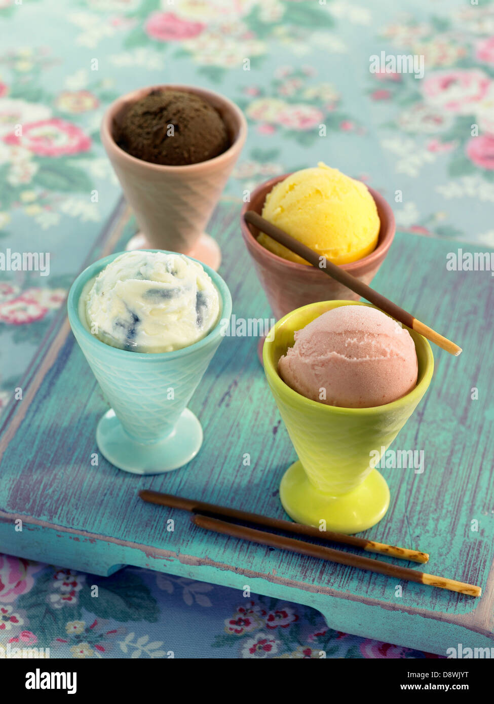 Different flavored scoops of ice cream Stock Photo