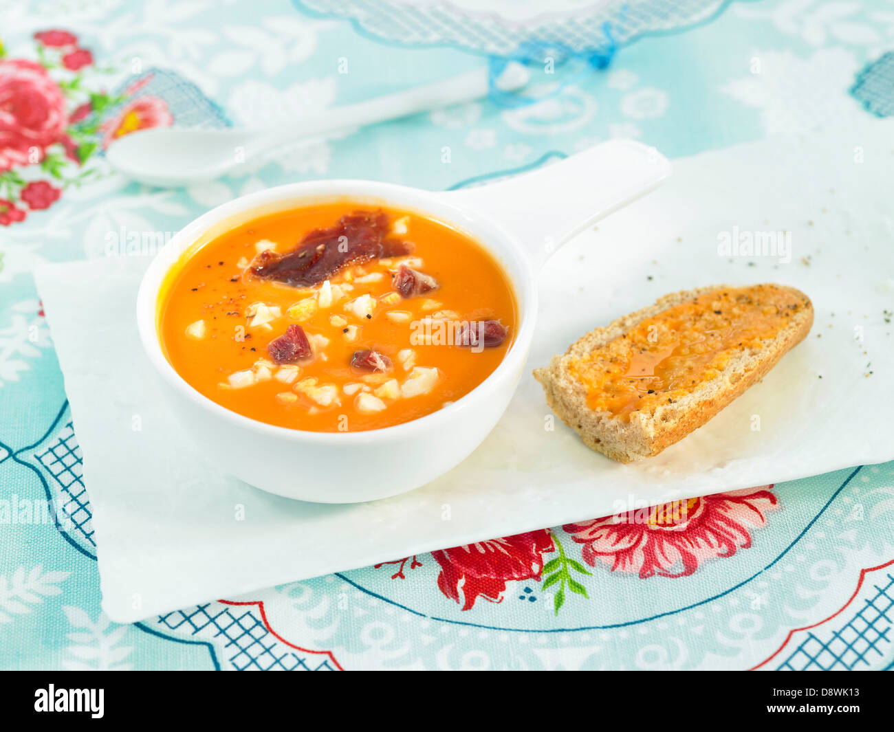 Tomato Salmorejo with peppers and  egg Stock Photo