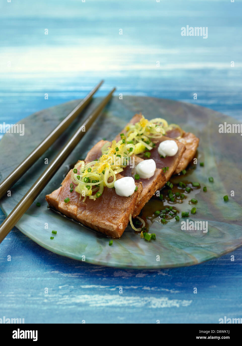 Tuna Tataki with lemon,ginger,wasabi and soya sauce Stock Photo