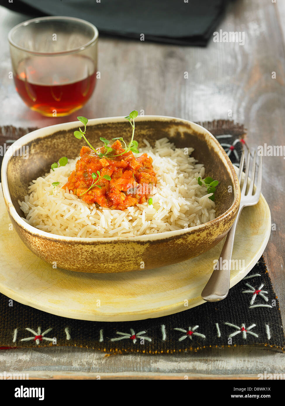 Basmati rice with seitan and carrot bolognaise sauce Stock Photo