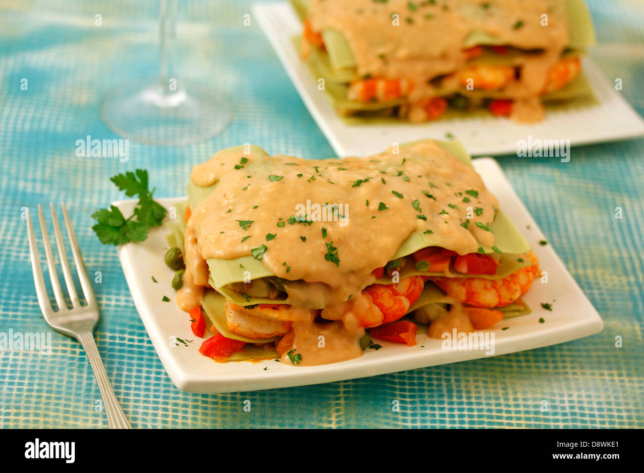 Lasagna with vegetables, mushrooms and prawns. Recipe availabl Stock Photo