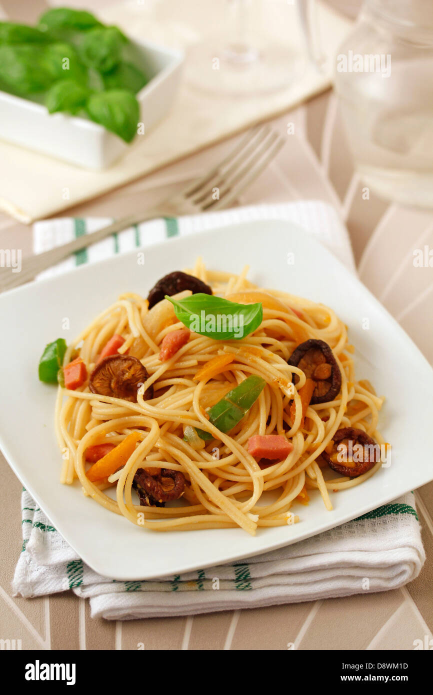 Spaghetti with turkey meat and Chinese mushrooms. Recipe available