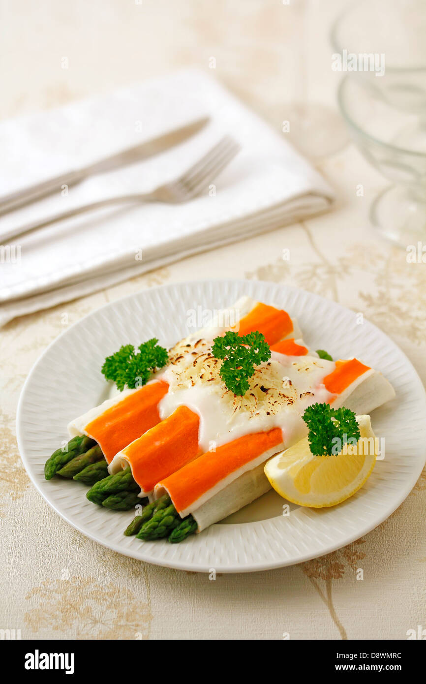 Crab rolls with wild asparagus. Recipe available Stock Photo Alamy