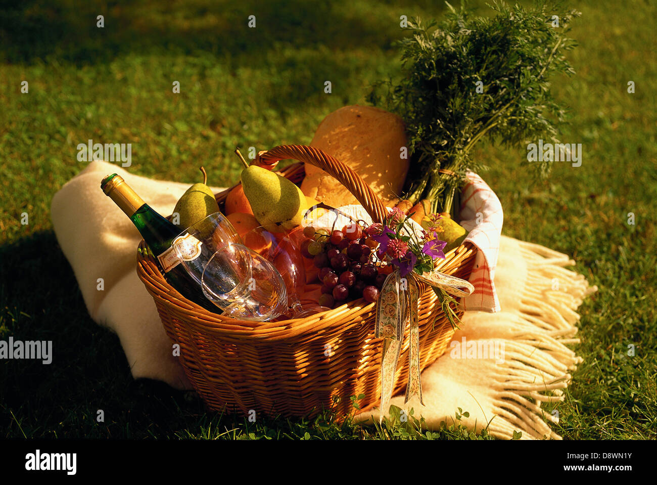 Picnic basket with champagne Stock Photo - Alamy