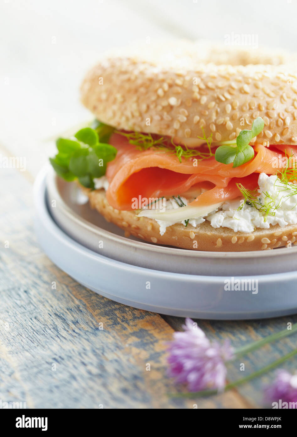 Smoked salmon and cream cheese bagel sandwich Stock Photo