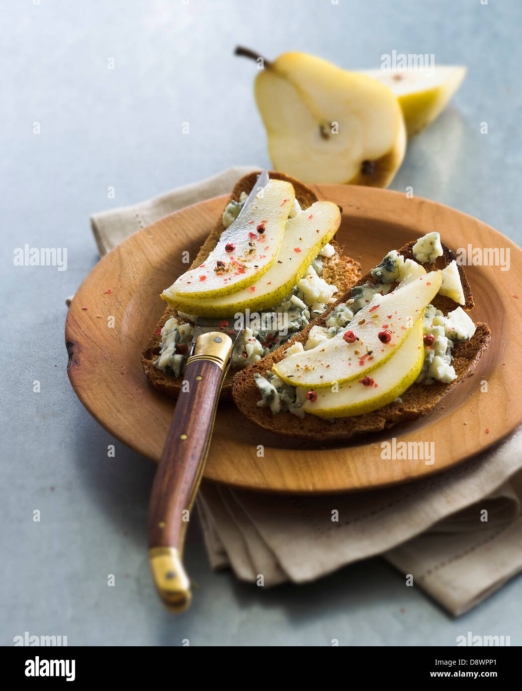 Roquefort and pear Bruschettas Stock Photo