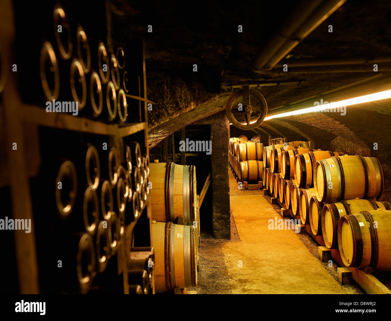 Wooden wine barrels and bottles in a cellar Stock Photo Alamy