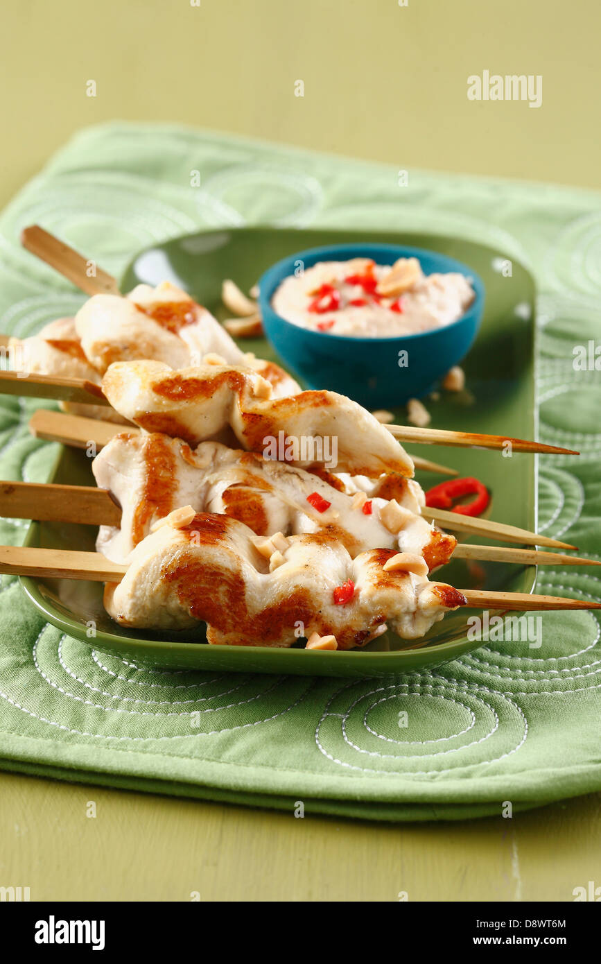 Chicken brochettes with sate sauce Stock Photo