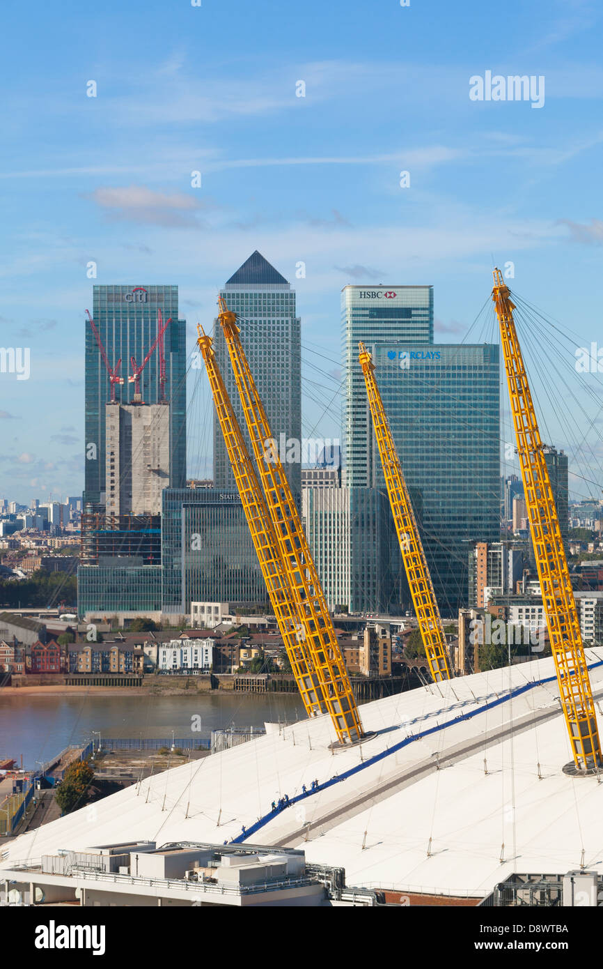 View over the millennium dome and canary wharf, London, England Stock Photo