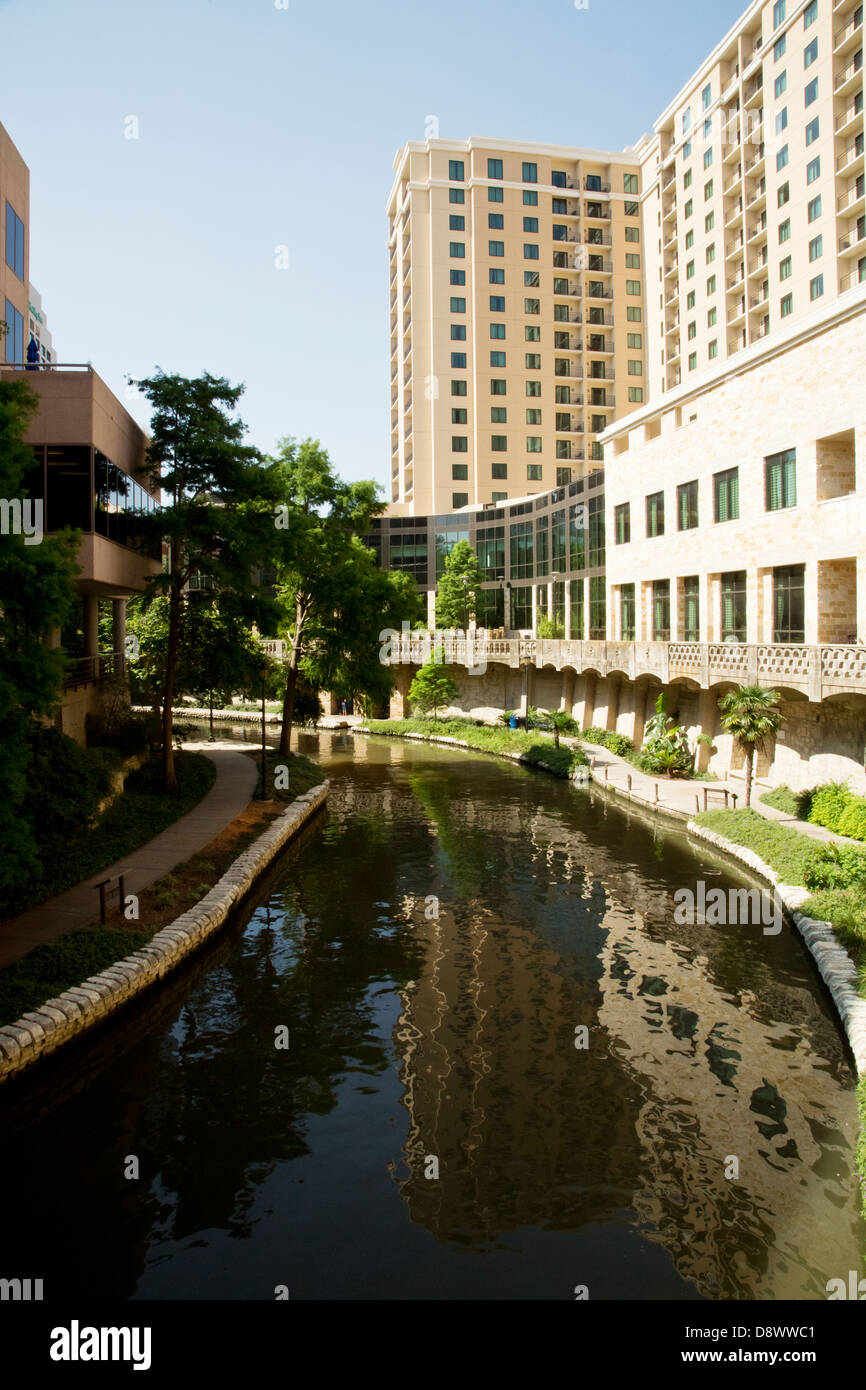 View of the Riverwalk and hotels alongside, San Antonio, Texas Stock Photo