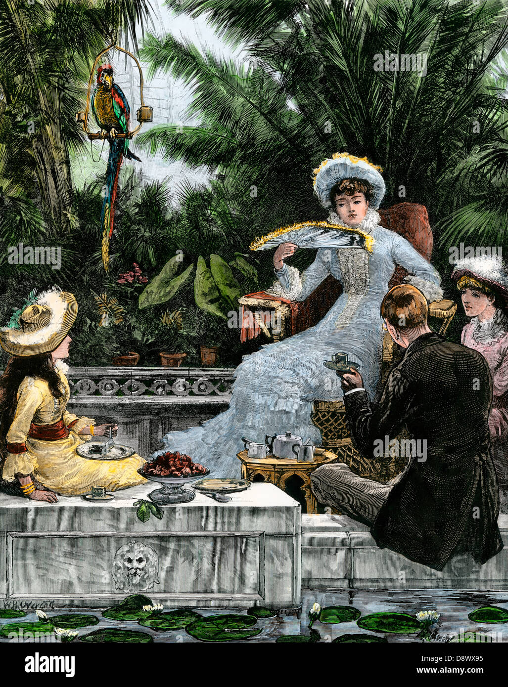 Upperclass family enjoying afternoon tea in a hothouse, England, 1880s. Hand-colored woodcut Stock Photo