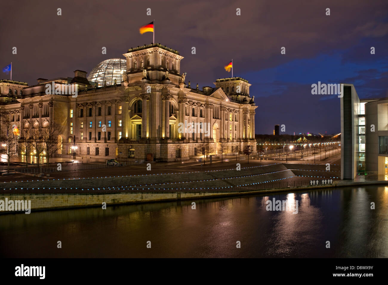 Night image of the Reichstag at the government quarter of Berlin, Germany Stock Photo