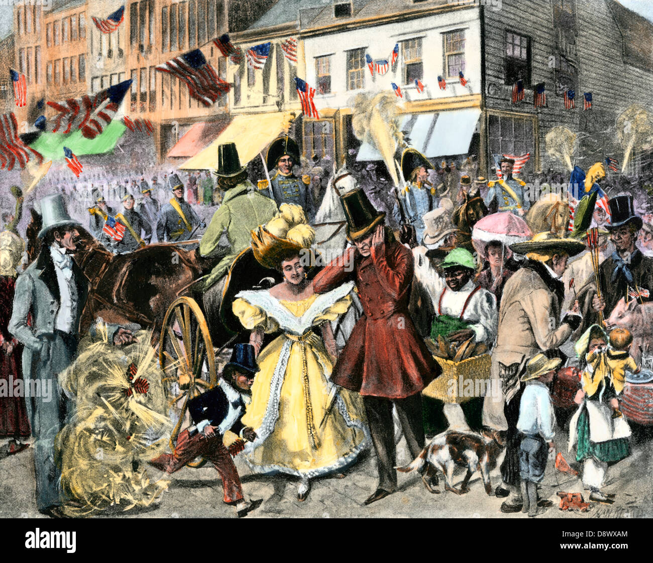 Fourth of July celebration in New York City. Hand-colored halftone of an illustration Stock Photo
