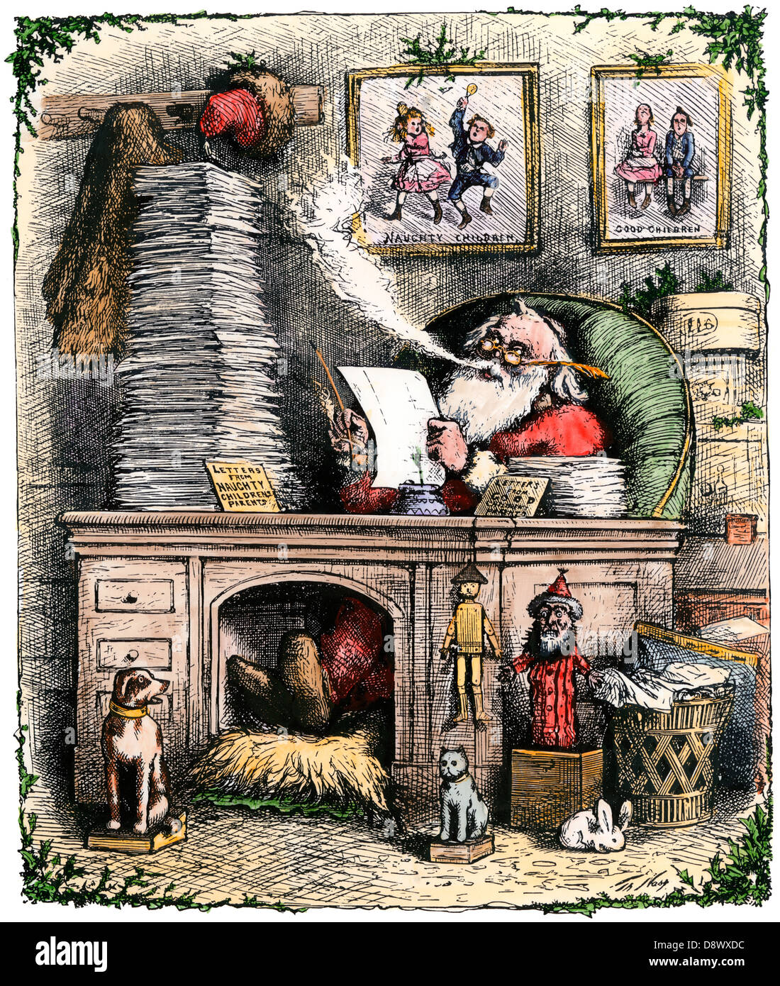 Santa Claus opening a stack of letters, 1880s. Hand-colored woodcut of a Thomas Nast illustration Stock Photo