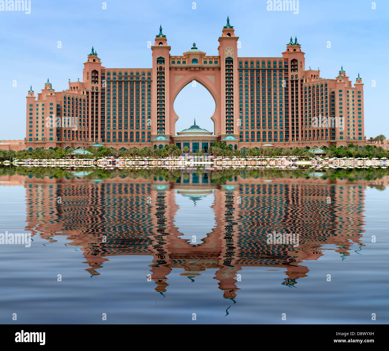 Daytime view with reflection in sea of Atlantis The Palm luxury hotel in Dubai United Arab Emirates Stock Photo