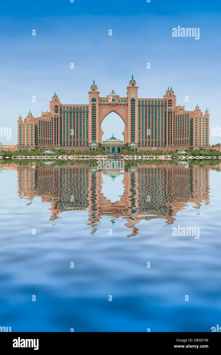 Daytime view with reflection in sea of Atlantis The Palm luxury hotel in Dubai United Arab Emirates Stock Photo