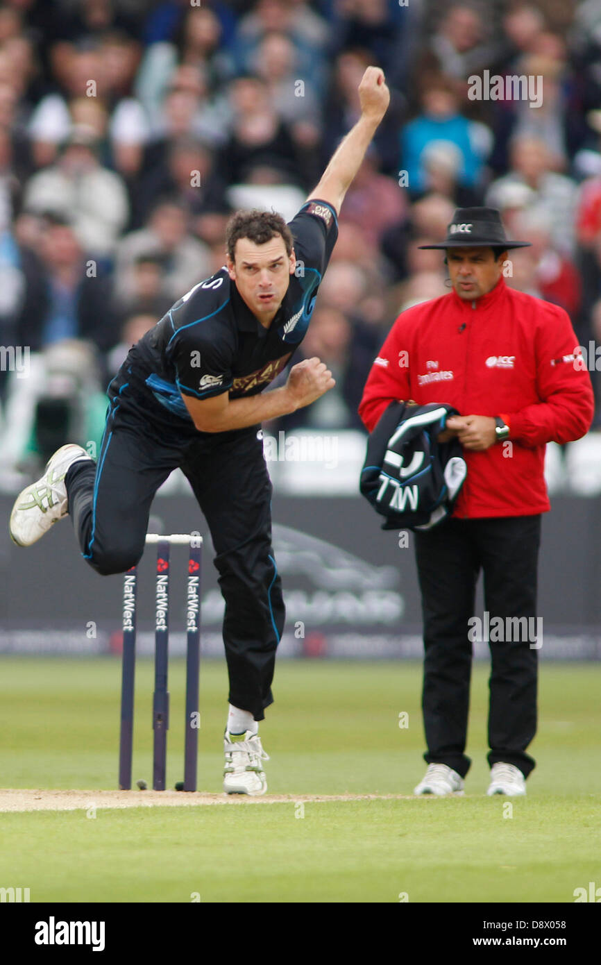 NOTTINGHAM, ENGLAND - Jun 05: New Zealand's Kyle Mills bowling during the 3rd Nat West one day international cricket match between England and New Zealand at Trent Bridge Cricket Ground on Jun 05, 2013 in London, England, (Photo by Mitchell Gunn/ESPA) Stock Photo