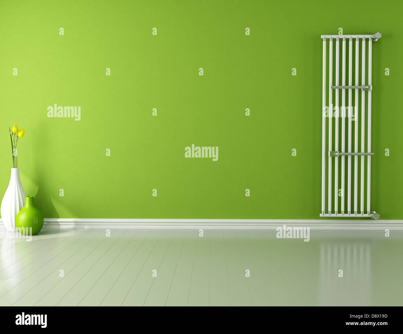green empty room with hot water vertical radiator - rendering Stock ...