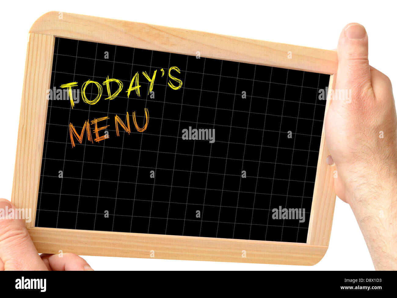 blackboard in the hands showing the menu of the day Stock Photo