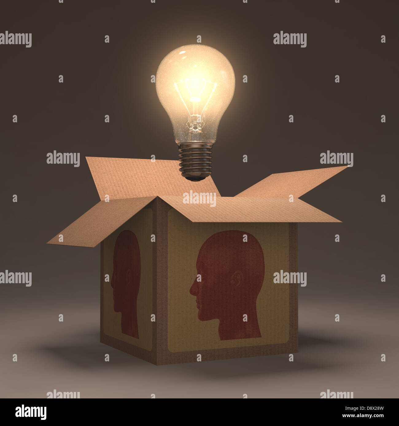 The lamp out of the box. Concept of open your mind. Stock Photo