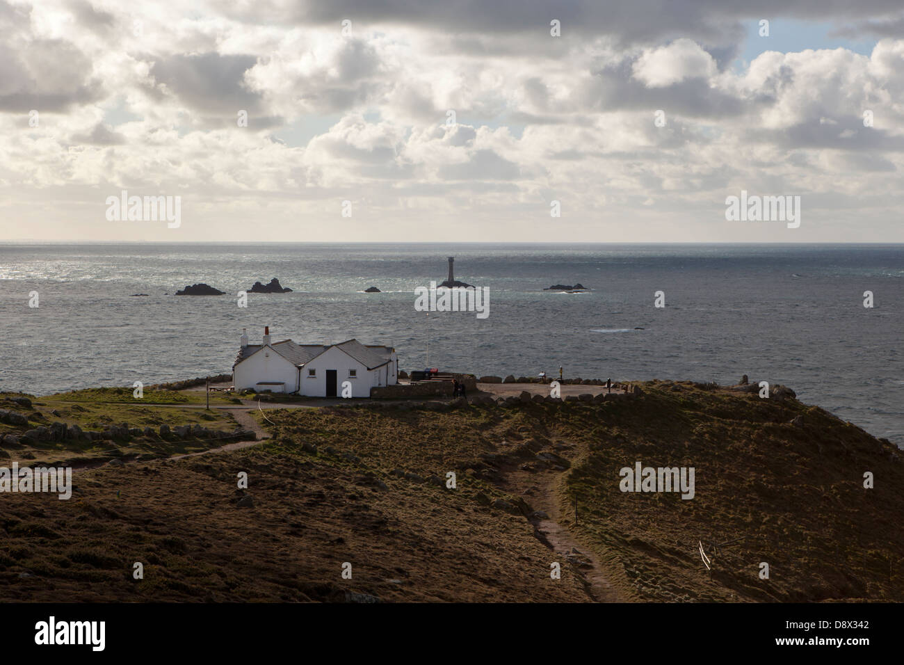 Lands End rocks off the coastline in Cornwall. Stock Photo